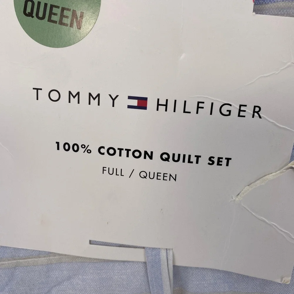 Tommy Hilfiger Quilt Set Full Queen Blue Bold Stripe Textured 100% Cotton Preppy
